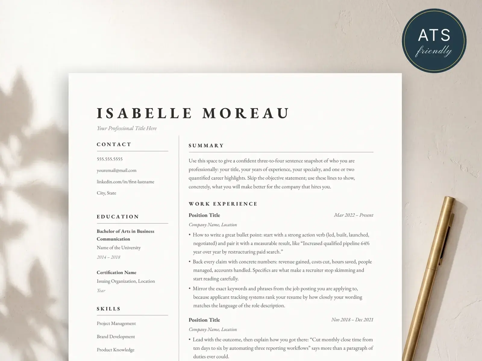 Editorial Two Column Resume Template for Google Docs, Word & Pages | The Atelier preview 2