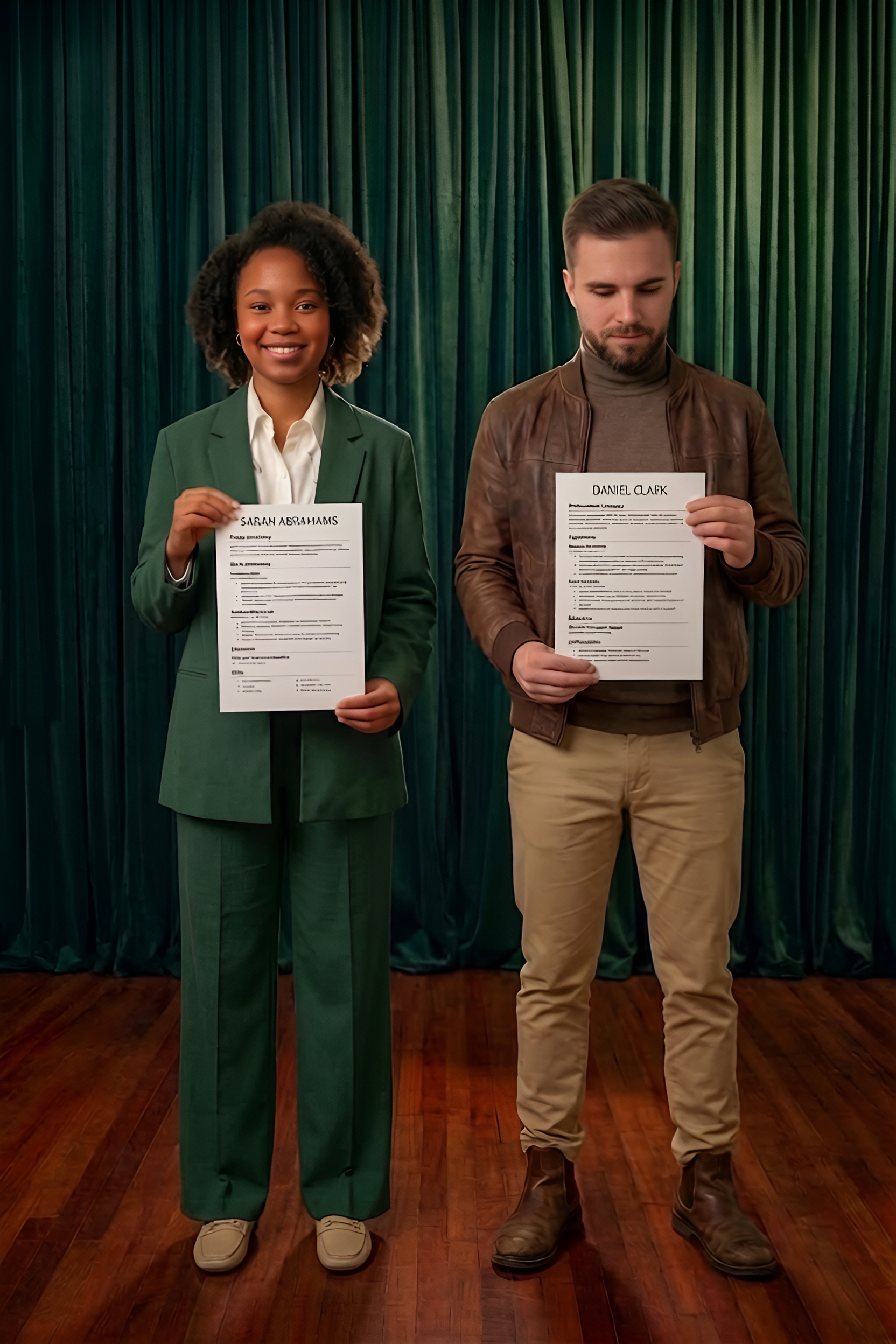 Two professionals confidently holding their resumes